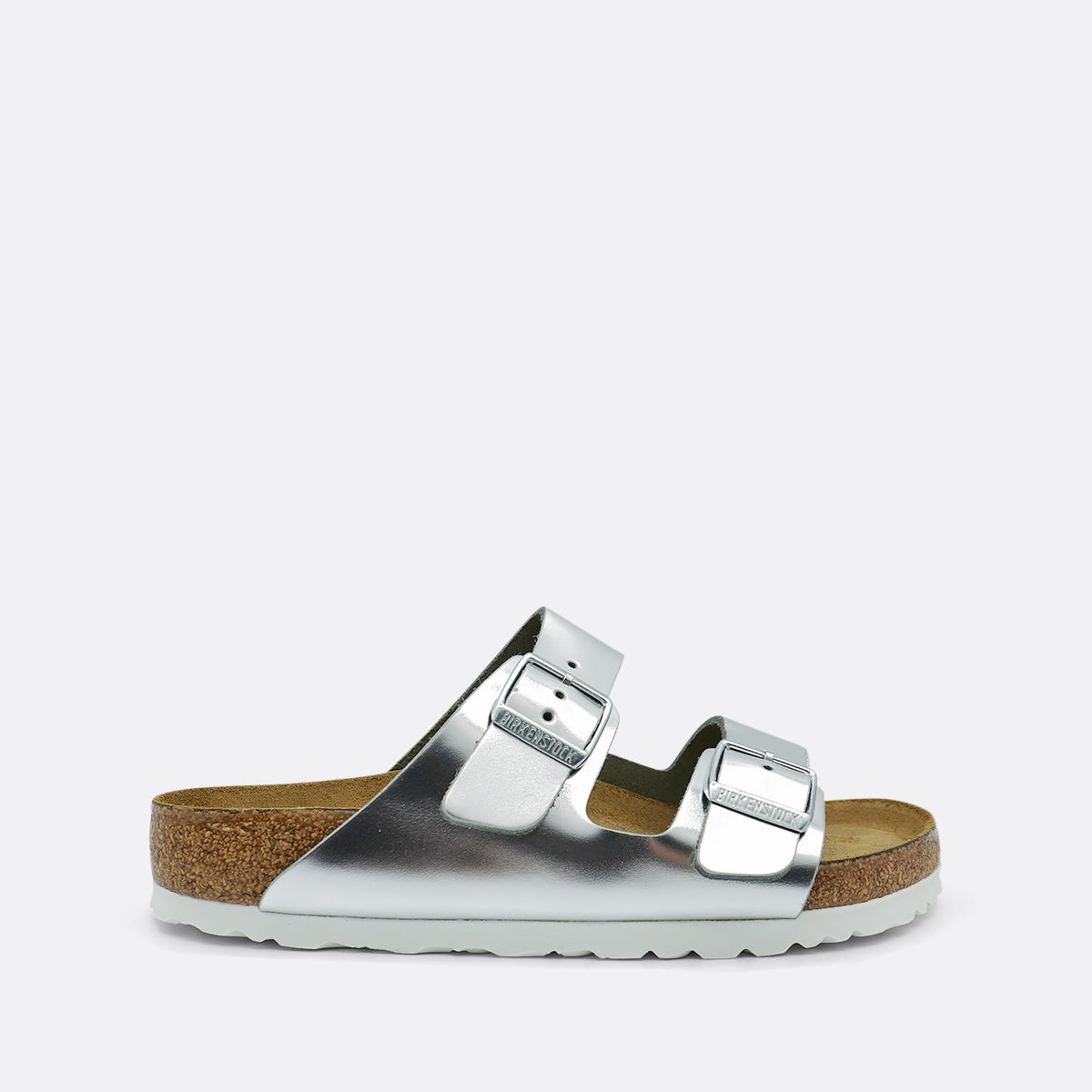 Birkenstock Arizona Leather Metallic Silver Soft Foot Bed