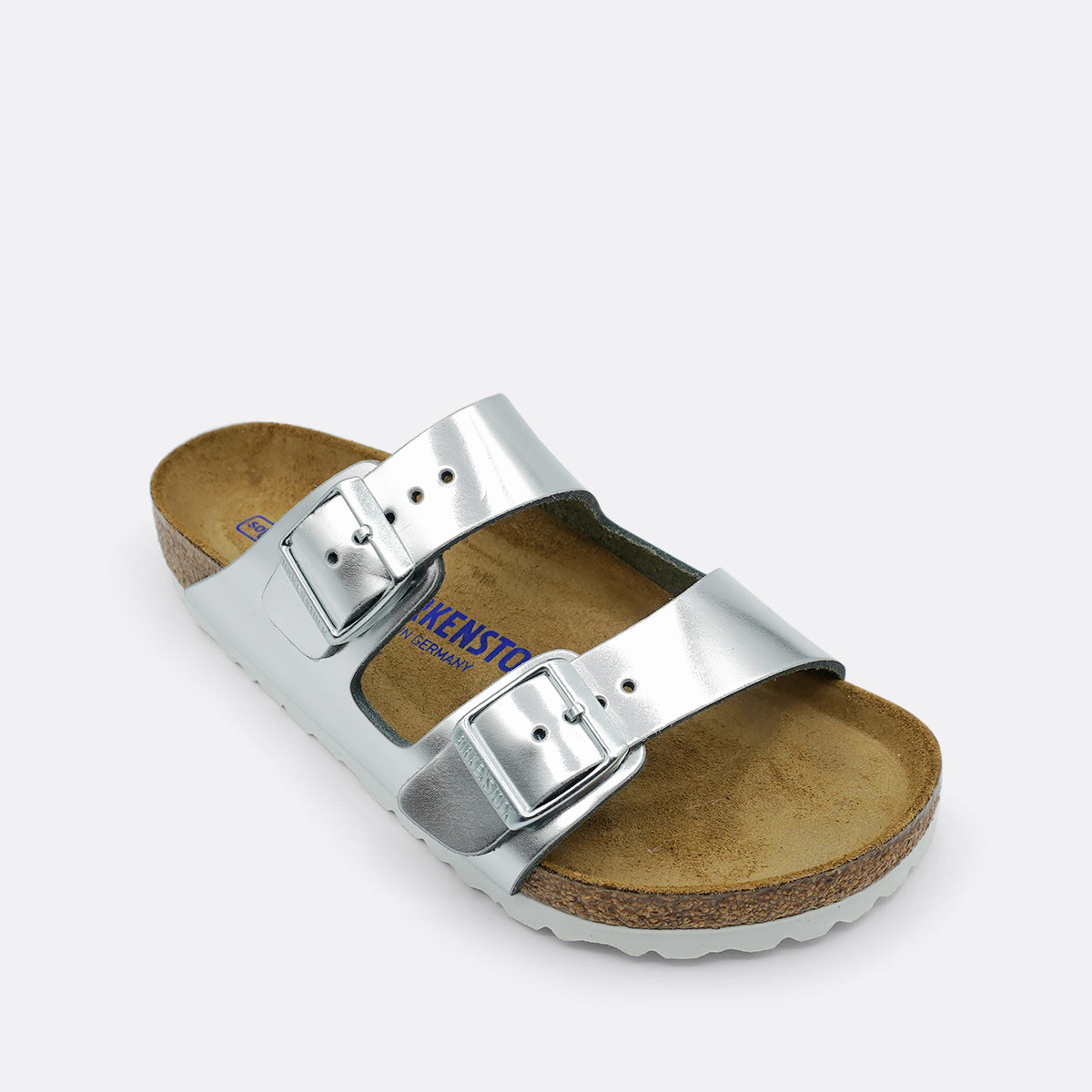 Birkenstock Arizona Leather Metallic Silver Soft Foot Bed